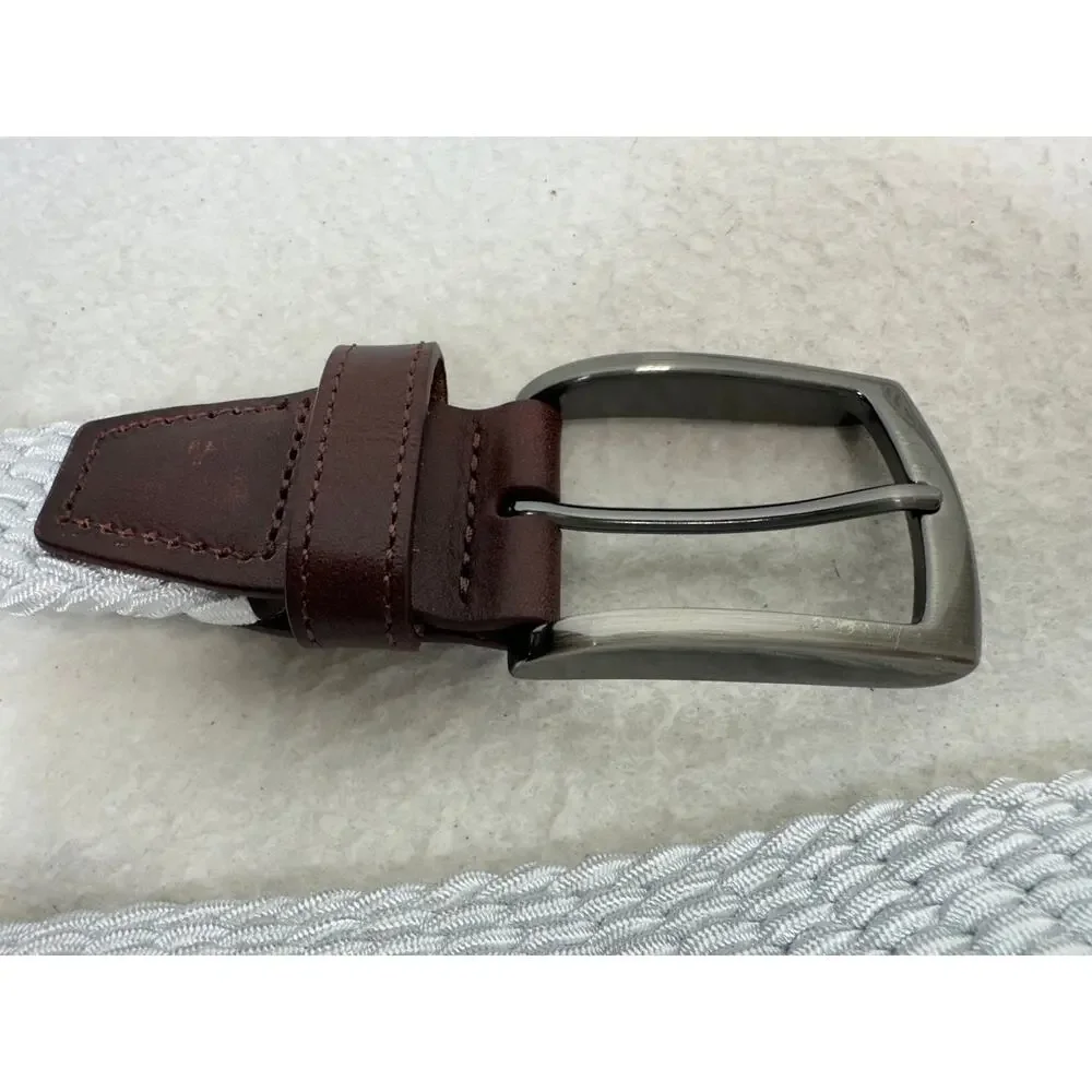 Johnston & Murphy Woven Braided Stretch-Knit Belt Brown Leather Trim SZ XL